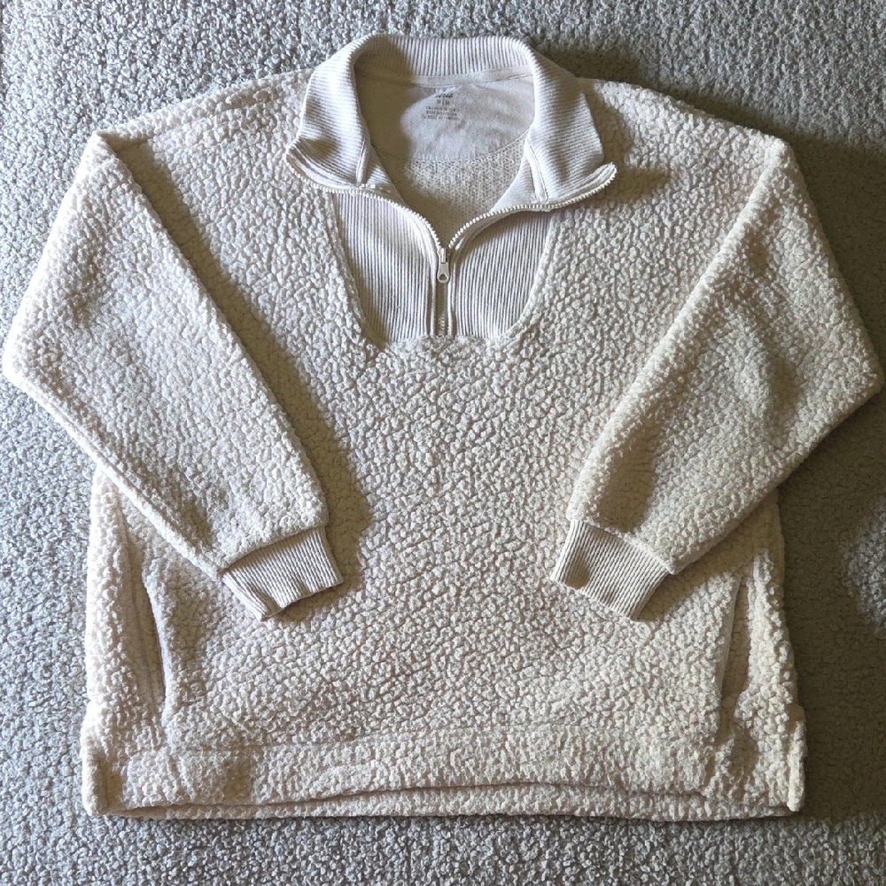 Aerie Oversized Ribbed Fuzzy Sherpa Fleece Mock Neck Half Zip Shacket